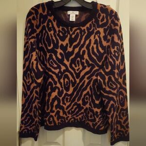 Halston Black & Tan Animal Print Crew Neck Sweater - Size XL